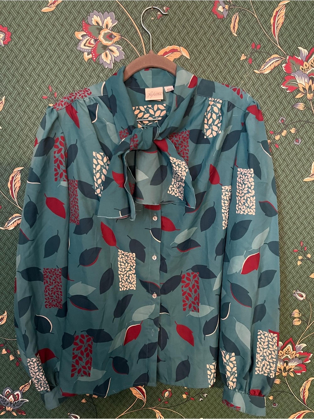 Tie-Neck Leaf Print Blouse in Teal with Red & Navy Accents